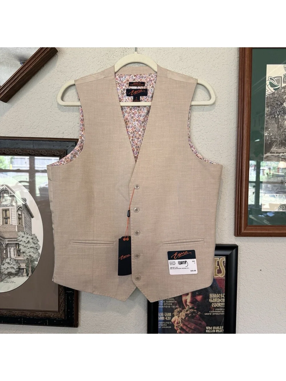 NWT Egara Men’s Suit Vest Skinny Fit Size Small Tan Floral Lining Designer